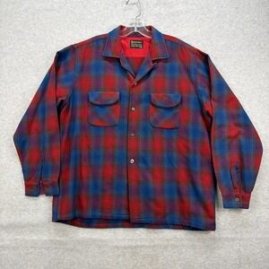 Vintage Kentfield Flannel Shirt Mens Large Red Blue Plaid Woolverine Shacket 80s